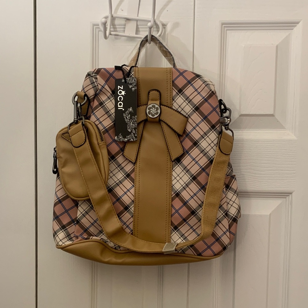 NWT Plaid Tan and Blush Pink and hints of blue Women's backpack
